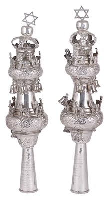 Lot 396 - A PAIR OF GEORGE V SILVER TORAH FINIALS (RIMMONIM)