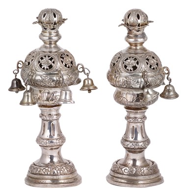 Lot 403 - A PAIR OF AUSTRO-HUNGARIAN SILVER TORAH FINIALS (RIMMONIM)