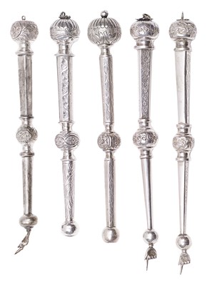 Lot 432 - FIVE ENGLISH SILVER TORAH POINTERS (YAD)