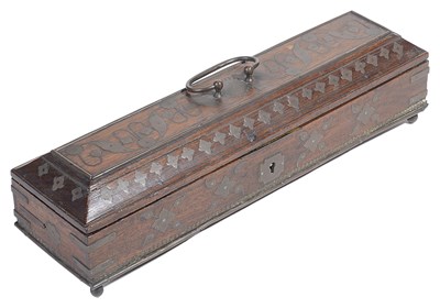 Lot 200 - A MUGHAL BRASS INLAID WOOD PENBOX