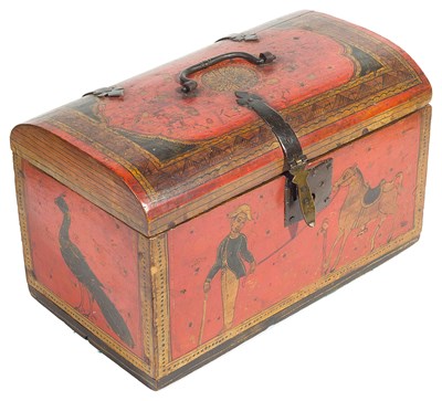 Lot 206 - A POLYCHROME PAINTED WOOD CASKET