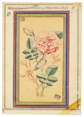 Lot 247 - â€¡ A QAJAR PAINTING OF THE ROSE AND NIGHTINGALE (GUL-O-BULBUL)