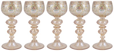 Lot 329 - A SET OF FIVE ENAMELLED HOCK GLASSES