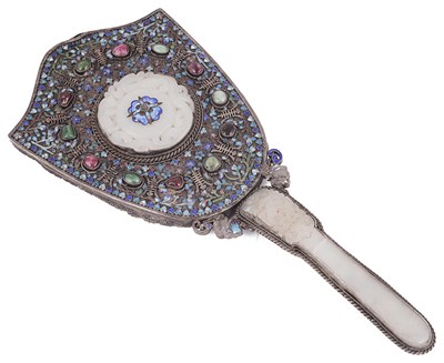 Lot 97 - A CHINESE JADE-MOUNTED AND ENAMELLED SILVER HAND MIRROR