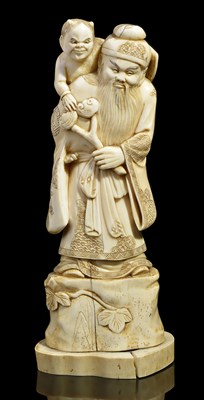 Lot 102 - ~A JAPANESE WALRUS IVORY OKIMONO OF A CHINESE SCHOLAR WITH A DEMON