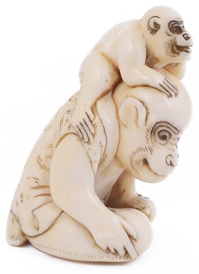 Lot 112 - ~LARGE IVORY NETSUKE OF A MONKEY AND YOUNG