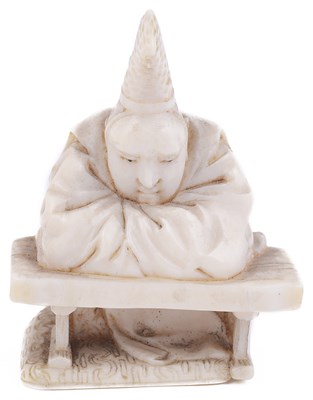 Lot 116 - ~IVORY NETSUKE OF A COURTIER LEANING ON A TABLE