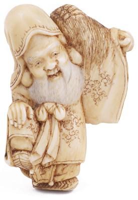 Lot 123 - ~STAINED IVORY NETSUKE OF THE LUCKY GOD JUROJIN WITH A MINOGAME