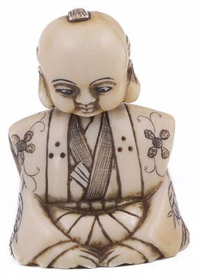 Lot 125 - ~IVORY NETSUKE OF A NARRATOR WITH NODDING HEAD