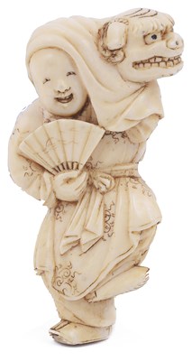 Lot 127 - ~IVORY NETSUKE OF A NEW YEAR SHISHIMAI DANCER