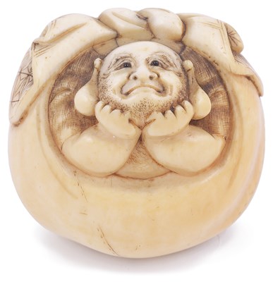 Lot 130 - ~LIGHTLY STAINED IVORY NETSUKE OF THE LUCKY GOD HOTEI IN HIS SACK