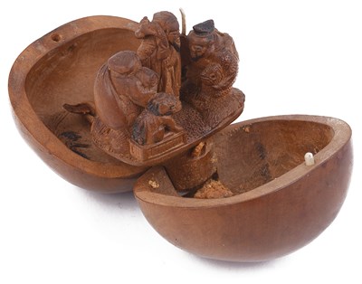 Lot 131 - ~LARGE WOOD NETSUKE WITH LUCKY GODS DAIKOKU AND EBISU INSIDE