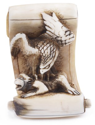 Lot 134 - ~IVORY NETSUKE OF A HANGING SCROLL COMING TO LIFE
