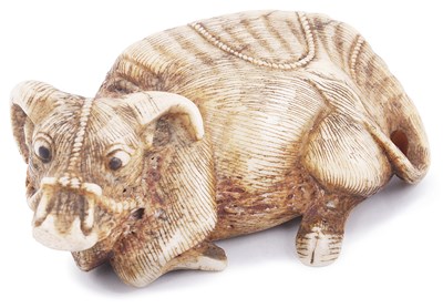 Lot 155 - STAG ANTLER NETSUKE OF A RECUMBENT OX