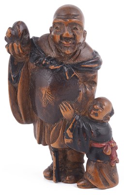 Lot 161 - PARTLY LACQUERED WOOD NETSUKE OF A MAN AND BOY