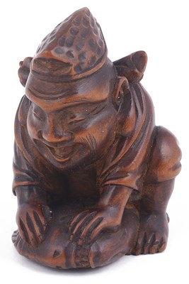 Lot 163 - LARGE WOOD NETSUKE OF THE LUCKY GOD EBISU WITH A TAI FISH