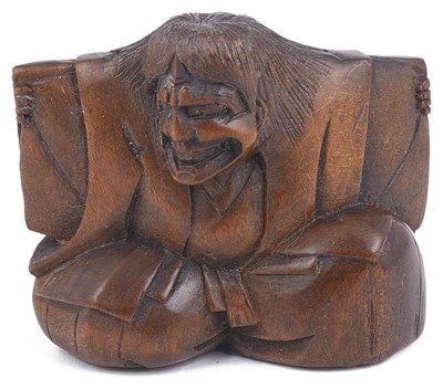 Lot 168 - WOOD NETSUKE OF AN ACTOR AS SHOJO
