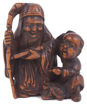 Lot 169 - WOOD NETSUKE OF JUROJIN AND KARAKO