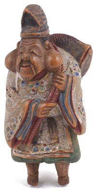 Lot 173 - SAISHIKI (LACQUERED WOOD) NETSUKE OF THE LUCKY GOD EBISU WITH A LARGE TAI FISH