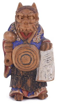 Lot 174 - SAISHIKI (LACQUERED WOOD) NETSUKE OF ONI NO NEMBUTSU