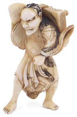 Lot 189 - ~IVORY NETSUKE OF TADANOBU HURLING A GO BOARD