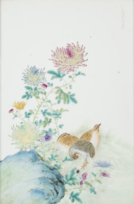 Lot 17 - A PAIR OF CHINESE FAMILLE-ROSE 'QUAIL' PLAQUES, EARLY 20TH CENTURY
