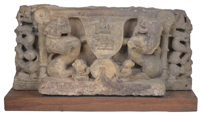 Lot 216 - A BUFF SANDSTONE PLINTH FROM AN IMAGE
