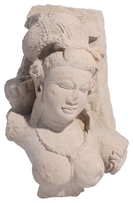 Lot 225 - A BUFF SANDSTONE FRAGMENTARY FEMALE BUST