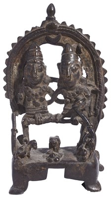Lot 259 - A TRIBAL BRONZE FIGURE OF SIVA AND PARVATI