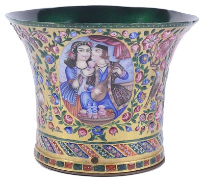 Lot 283 - â€¡A QAJAR ENAMELLED GHALIAN CUP