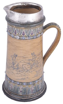 Lot 419 - A DOULTON LAMBETH SILVER-MOUNTED STONEWARE LEMONADE JUG