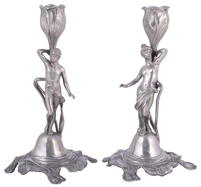 Lot 423 - A PAIR OF GERMAN JUGENDSTIL FIGURAL CANDLESTICKS