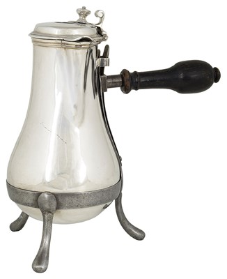 Lot 461 - AN UNUSUAL FRENCH SILVER CHOCOLATE POT IN STEEL FRAME