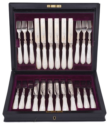 Lot 489 - A SET OF TWELVE VICTORIAN SILVER AND MOTHER-OF-PEARL DESSERT KNIVES AND TWELVE FORKS