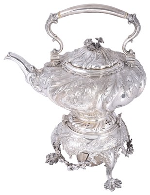Lot 542 - ~A VICTORIAN SILVER TEA KETTLE ON STAND WITH BURNER