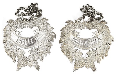 Lot 571 - A PAIR OF GEORGE III SILVER WINE LABELS (BOTTLE TICKETS)