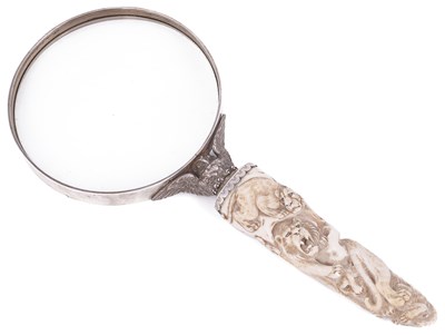 Lot 572 - ~A GEORGE V SILVER-MOUNTED AND JAPANESE IVORY-HANDLED MAGNIFYING GLASS