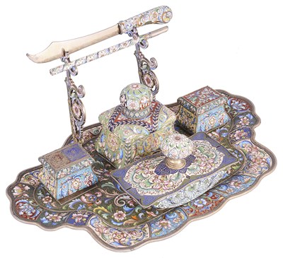 Lot 624 - TWO RUSSIAN SILVER-GILT AND CLOISONNE ENAMEL STAMP BOXES AND A DESK TRAY