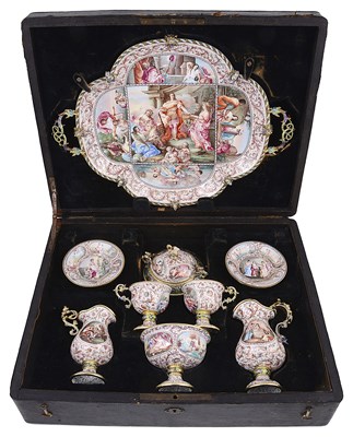 Lot 625 - AN AUSTRO-HUNGARIAN SILVER-GILT AND ENAMEL CABARET SET