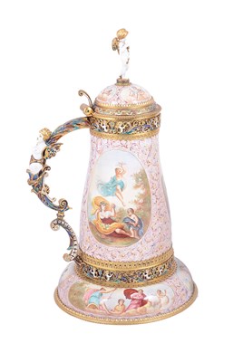 Lot 626 - AN AUSTRO-HUNGARIAN SILVER-GILT-MOUNTED ENAMEL TANKARD