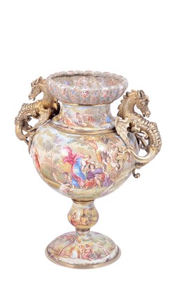 Lot 627 - AN AUSTRO-HUNGARIAN SILVER-GILT-MOUNTED ENAMEL PEDESTAL VASE