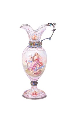 Lot 636 - AN AUSTRO-HUNGARIAN SILVER-GILT-MOUNTED ENAMEL EWER