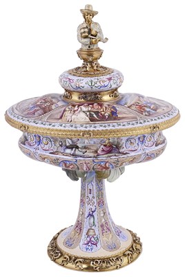 Lot 637 - AN AUSTRO-HUNGARIAN SILVER-GILT AND ENAMEL CUP AND COVER