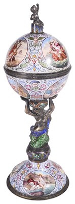 Lot 640 - AN AUSTRO-HUNGARIAN SILVER AND ENAMEL PEDESTAL TIMEPIECE