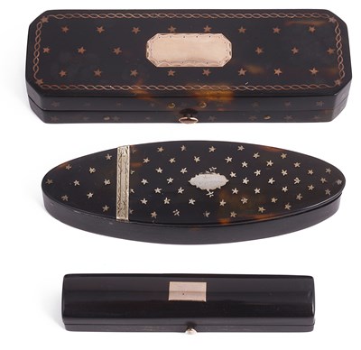 Lot 654 - ~THREE TORTOISESHELL TOOTHPICK BOXES
