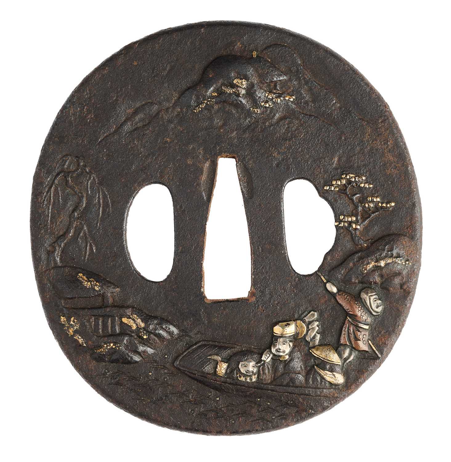Lot 501 - A JAPANESE IRON TSUBA (HAND GUARD) OF MARU GATA (ROUND FORM), CIRCA 1700-1800