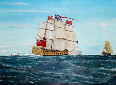 Lot 233 - TOBIAS R. PHILBIN III (CONTEMPORARY) HMS CENTURION CHASING A GALLEON