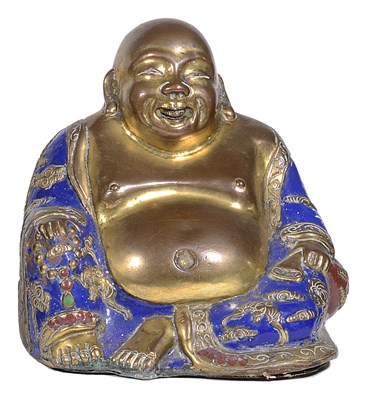 Lot 21 - A CHINESE GILT-COPPER AND CHAMPLEVE ENAMEL FIGURE OF BUDAI