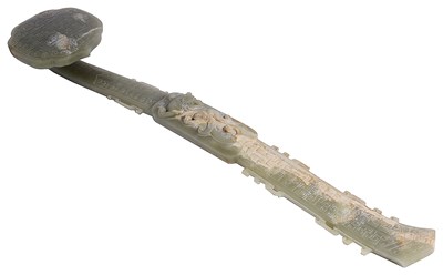 Lot 45 - A LARGE CHINESE CELADON JADE 'ARCHAISTIC DRAGON' RUYI SCEPTRE