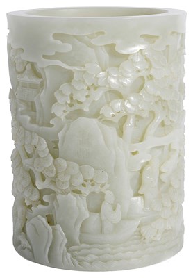 Lot 49 - A CHINESE CELADON JADE 'LANDSCAPE' BRUSHPOT